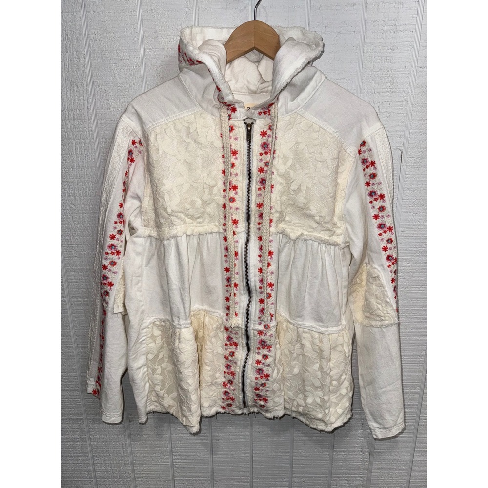 POL Zip Up Hoodie Women White Floral Embroidery Lace Tiered Ruffle Small UWT228